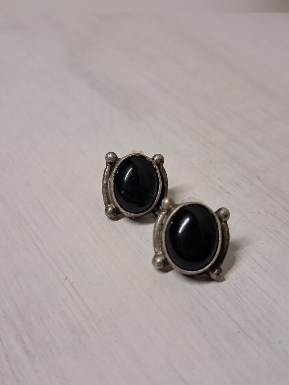 Vintage Sterling Silver Black Onyx Oval Stud Earrings